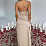 One-Shoulder Satin Maxi Dress with Side Slit | Thalina