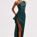 One-Shoulder Satin Maxi Dress with Side Slit | Thalina