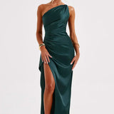 One-Shoulder Satin Maxi Dress with Side Slit | Thalina