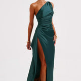 One-Shoulder Satin Maxi Dress with Side Slit | Thalina