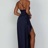 One-Shoulder Satin Maxi Dress with Side Slit | Thalina