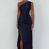 One-Shoulder Satin Maxi Dress with Side Slit | Thalina