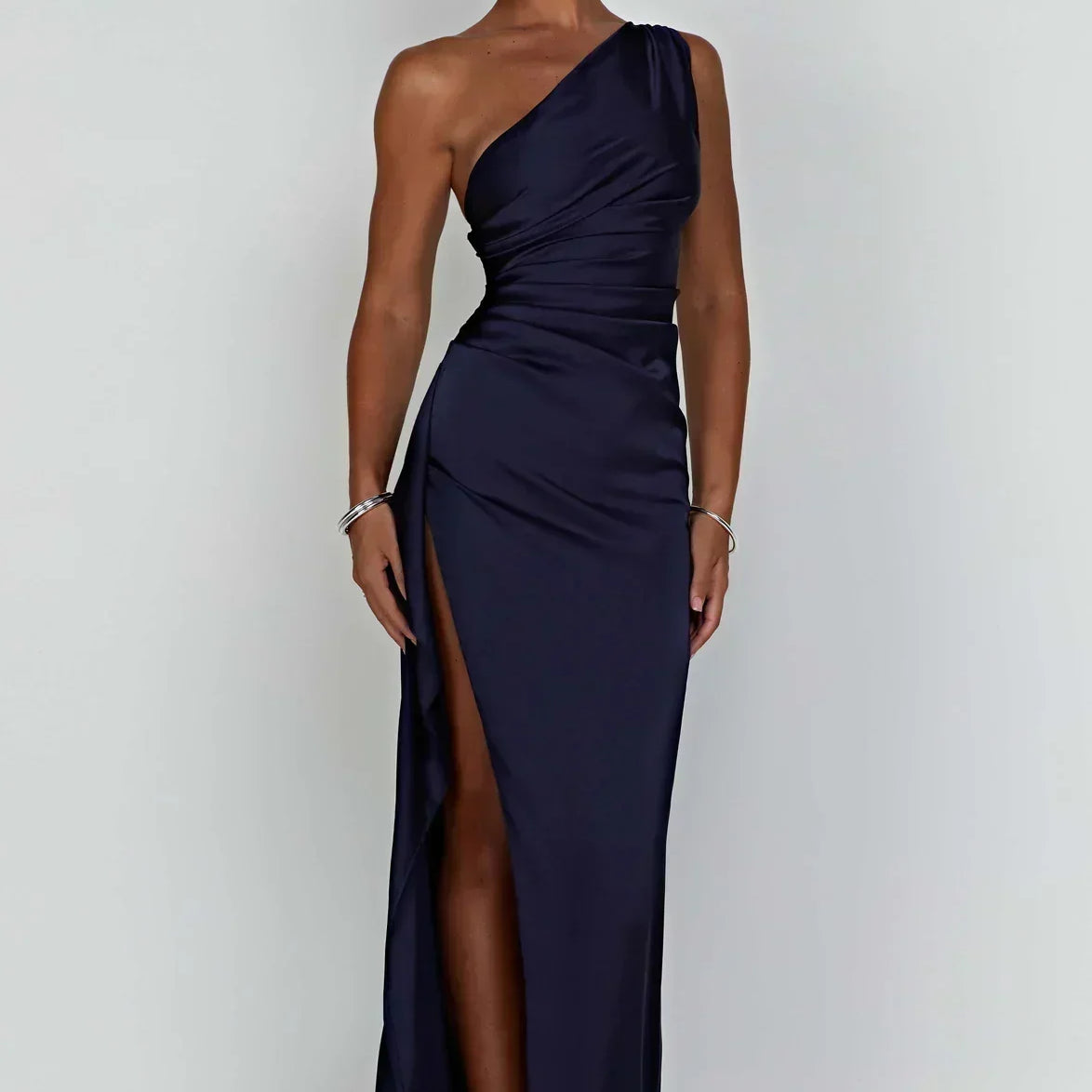 One-Shoulder Satin Maxi Dress with Side Slit | Thalina