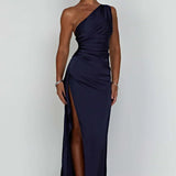 One-Shoulder Satin Maxi Dress with Side Slit | Thalina