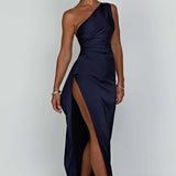 One-Shoulder Satin Maxi Dress with Side Slit | Thalina