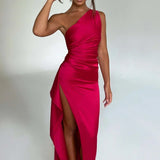 One-Shoulder Satin Maxi Dress with Side Slit | Thalina