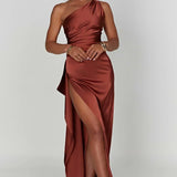 One-Shoulder Satin Maxi Dress with Side Slit | Thalina