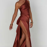 One-Shoulder Satin Maxi Dress with Side Slit | Thalina