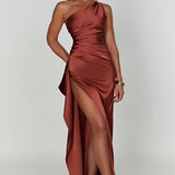 One-Shoulder Satin Maxi Dress with Side Slit | Thalina