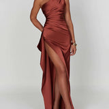 One-Shoulder Satin Maxi Dress with High Slit | Aurelya