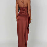 One-Shoulder Satin Maxi Dress with High Slit | Aurelya