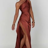 One-Shoulder Satin Maxi Dress with Side Slit | Thalina