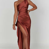 One-Shoulder Satin Maxi Dress with Side Slit | Thalina