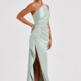 One-Shoulder Satin Maxi Dress with Side Slit | Thalina