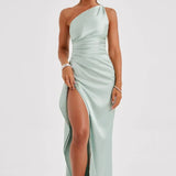 One-Shoulder Satin Maxi Dress with Side Slit | Thalina