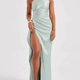 One-Shoulder Satin Maxi Dress with High Slit | Aurelya