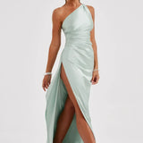 One-Shoulder Satin Maxi Dress with Side Slit | Thalina