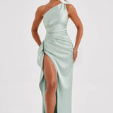 One-Shoulder Satin Maxi Dress with Side Slit | Thalina