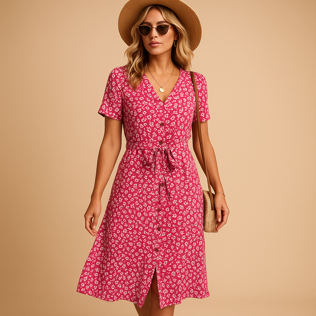 Floral Print Midi Dress with Short Sleeves for Women | Fleur