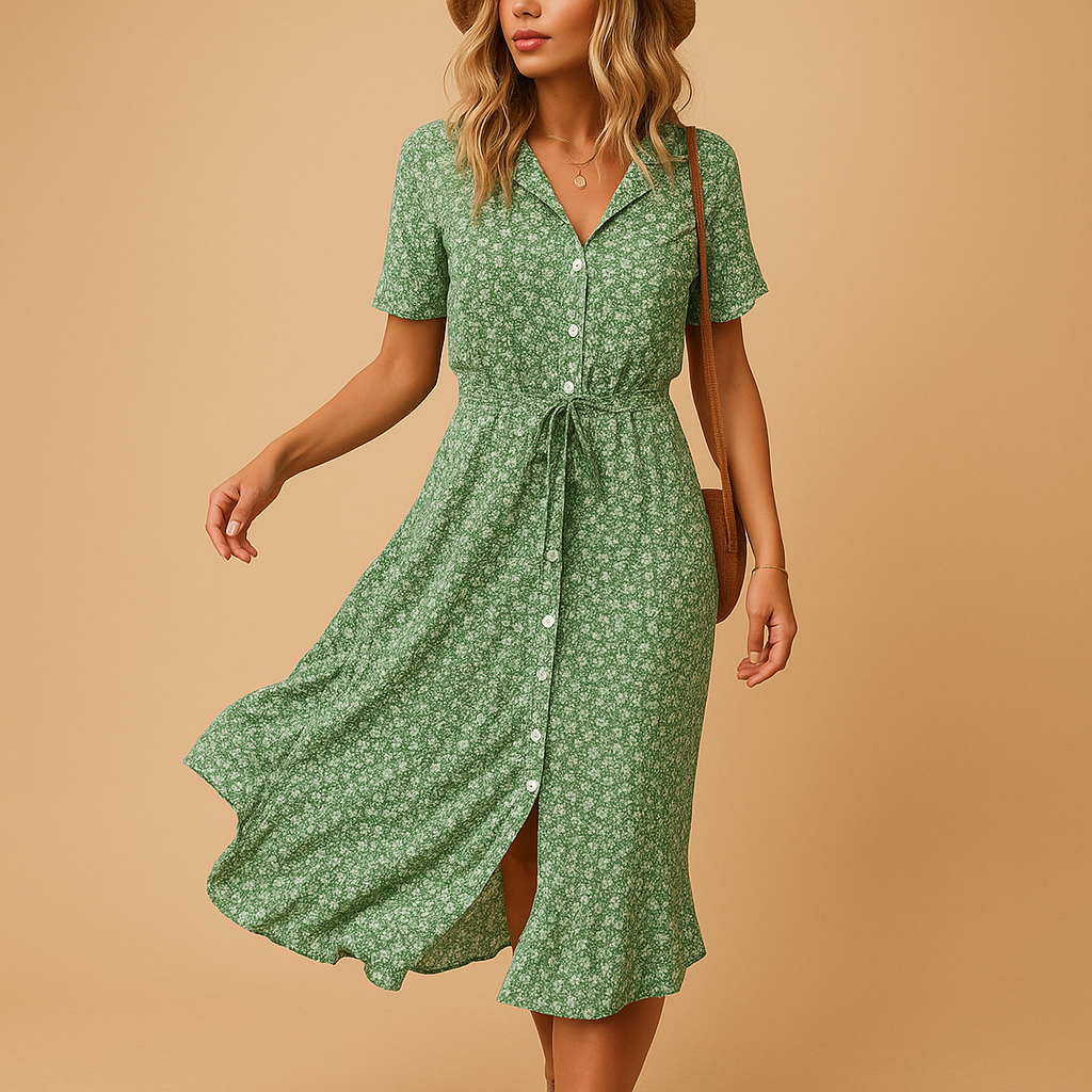 Floral Print Midi Dress with Short Sleeves for Women | Fleur