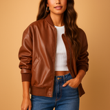 Long leather jacket in baseball style for women | Yara