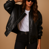 Long leather jacket in baseball style for women | Yara
