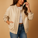 Long leather jacket in baseball style for women | Yara