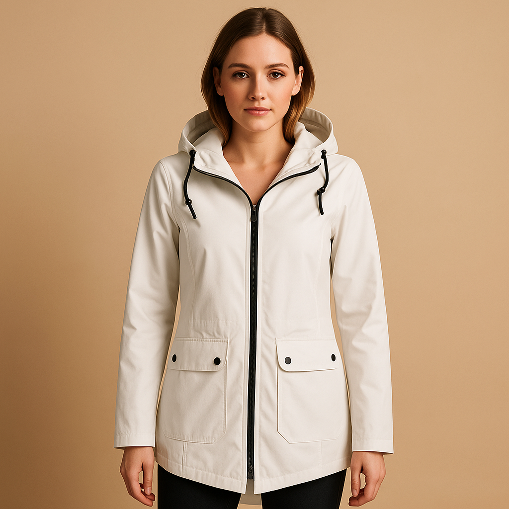 Long water-repellent raincoat with hood for women | Femke