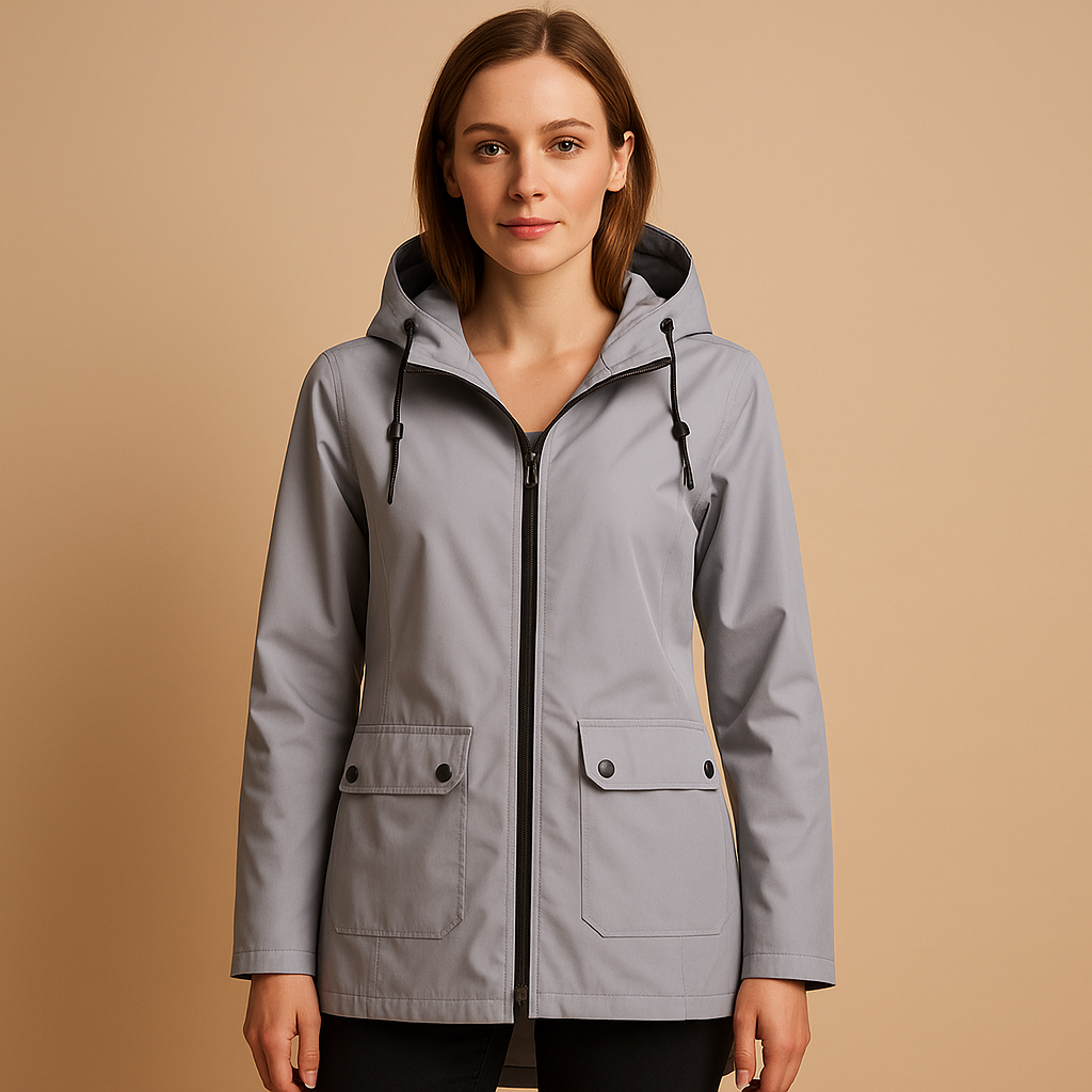 Long water-repellent raincoat with hood for women | Femke