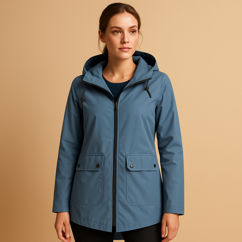 Long water-repellent raincoat with hood for women | Femke