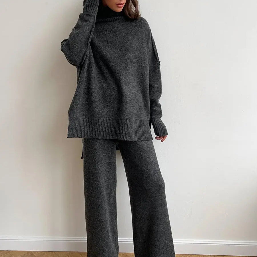 Relaxed Turtleneck Knit Lounge Set with Wide-Leg Trousers | Isyra